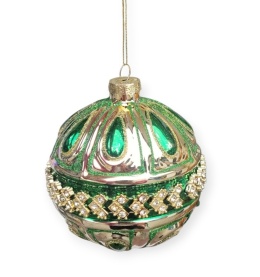 Glass bauble 10cm embossed green with zircons (523401)