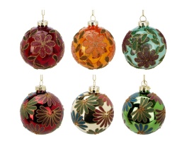 Glass bauble 8cm sugar flowers transparent red (523386)