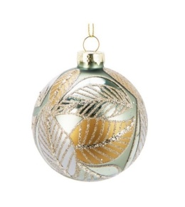 Glass bauble 8cm khaki matt gold glitter leaves (518801)