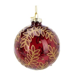 Glass bauble 8cm transparent burgundy gold leaves (513342)