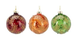 Glass bauble 8cm transparent green gold leaves (513342)