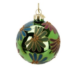 Glass bauble 8cm green glitter painted petals (523386)