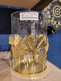 Lampion złoty 18cm ze szkłem metalowe liście (023899)-20%