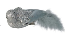 Set of 2 silver brocade birds with feather tails (510903)