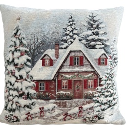 Obrus gobelin Chenille 100x100cm ŚNIEŻNY DOMEK (TX0007-4112)