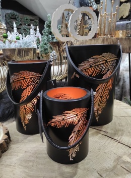 Lampion metalowy czarno złoty liście z uchwytem średni (IS0455) -20%