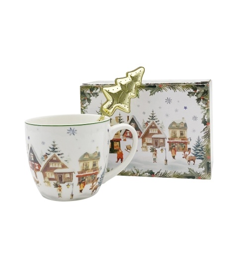Kubek porcelana 460ml z metalowym zaparzaczem Christmas Village ozdbne pudełko