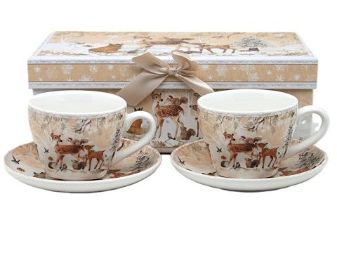 Set of 2 ceramic cups and saucers "forest animals" (PG-19680) in a decorative box