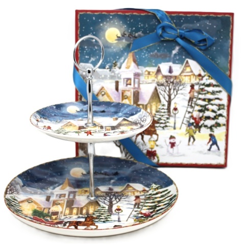 Two-tier ceramic platter "Christmas village" (PG-19871) in a decorative box