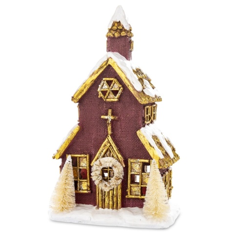 Brown LED church with Christmas trees (170429)