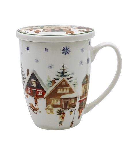 Kubek porcelana z zaparzaczem Christmas Village ozdobne pudełko