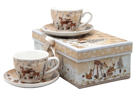 Set of 2 ceramic cups and saucers "forest animals" (PG-19680) in a decorative box