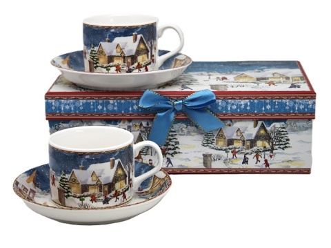 Set of 2 ceramic cups and saucers "Christmas Village" (PG-19857) in a decorative box