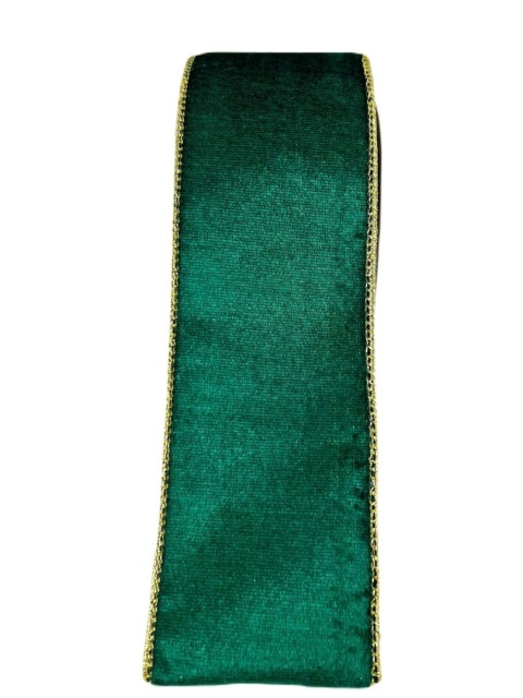 Bottle green velvet ribbon on a spool with a gold edge (RF0538)