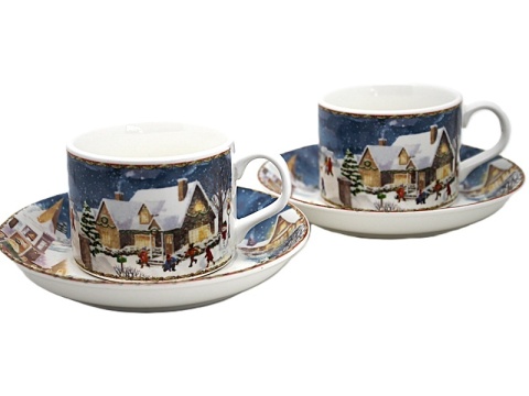 Set of 2 ceramic cups and saucers "Christmas Village" (PG-19857) in a decorative box
