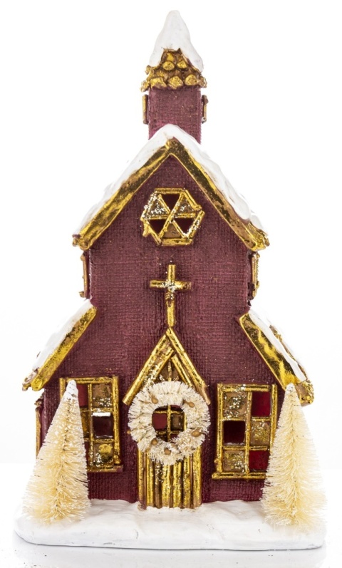 Kościółek brązowy LED z choinkami (170429)