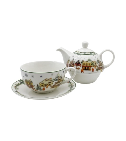 Filiżanka z dzbankiem i spodkiem porcelana Christmas Village ozdobne pudełko