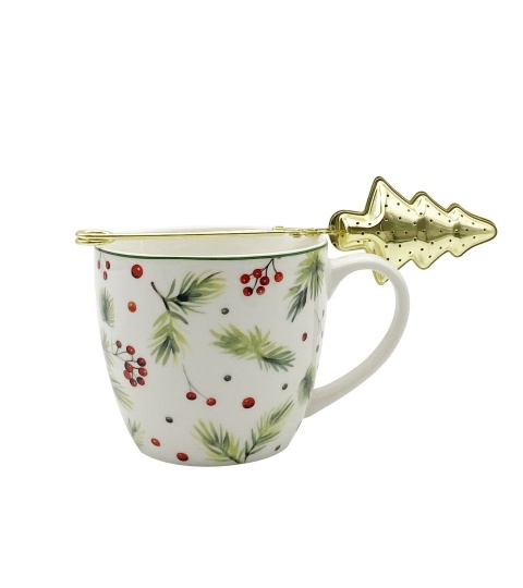 460ml porcelain mug with a metal infuser Christmas Leaves decorative box
