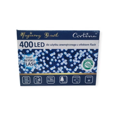Lampki 400LED+gniazdo, zimne + timer transformator 19,9m (21/LED/CW) ciemny kabel wew/zew