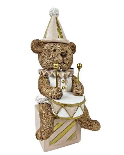 Beige teddy bear drummer on a polyresin package (RF0290)