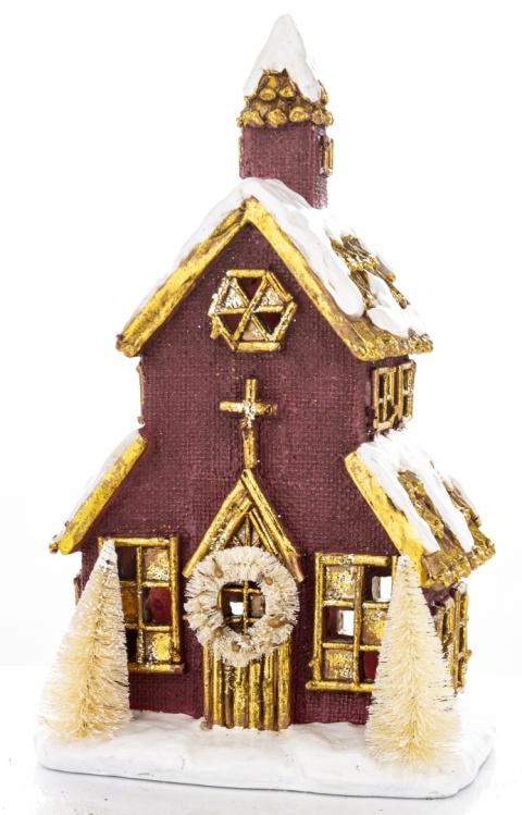 Brown LED church with Christmas trees (170429)