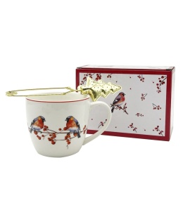 Kubek porcelana 460ml z metalowym zaparzaczem Christmas Birds ozdobne pudełko