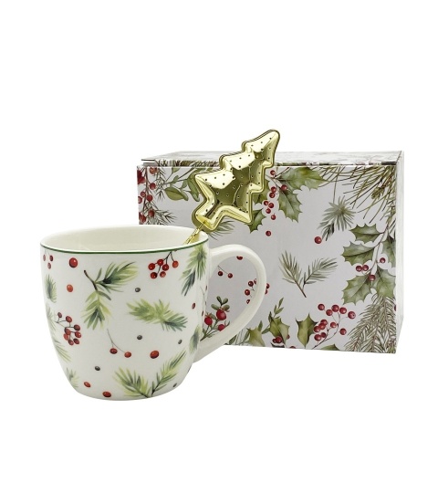 Kubek porcelana 460ml z metalowym zaparzaczem Christmas Leaves ozdobne pudełko
