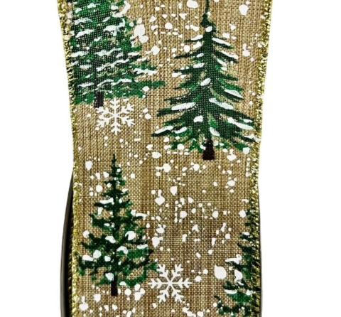 Ribbon on a spool linen green Christmas trees gold edge (RF0537)
