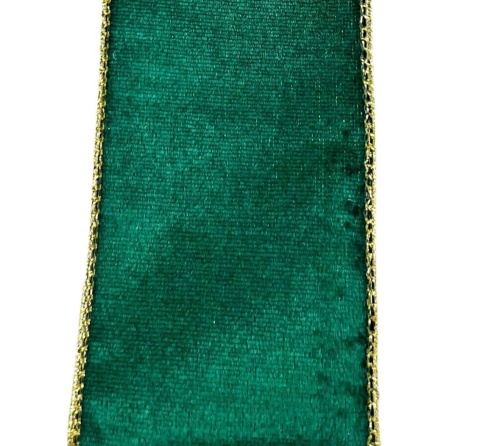 Bottle green velvet ribbon on a spool with a gold edge (RF0538)