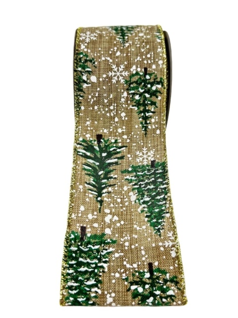 Ribbon on a spool linen green Christmas trees gold edge (RF0537)
