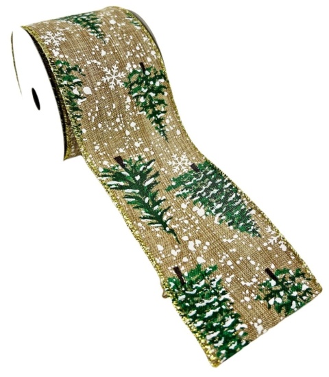 Ribbon on a spool linen green Christmas trees gold edge (RF0537)