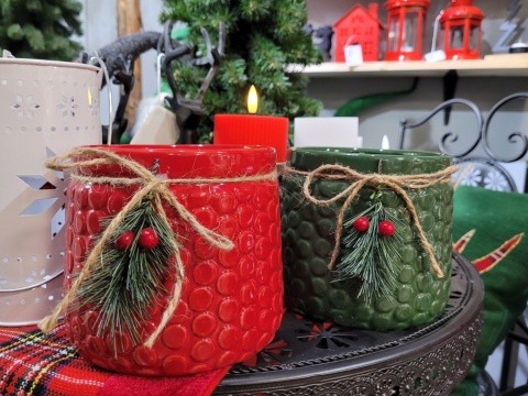 Osłonka ceramiczna na doniczkę czerwona z gałązką (FD26M95-03)