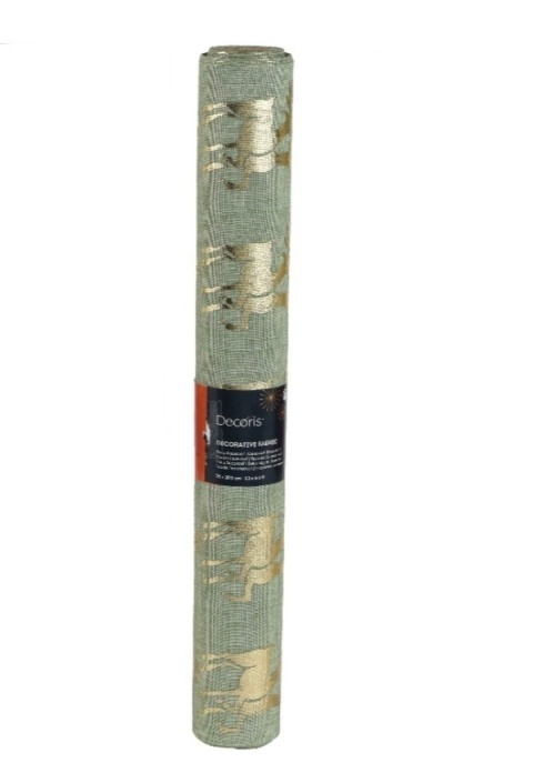 Materiał dekoracyjny len khaki złote renifery (463453) 35x200cm