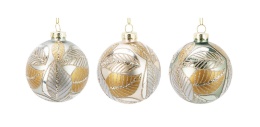 Glass bauble 8cm khaki matt gold glitter leaves (518801)