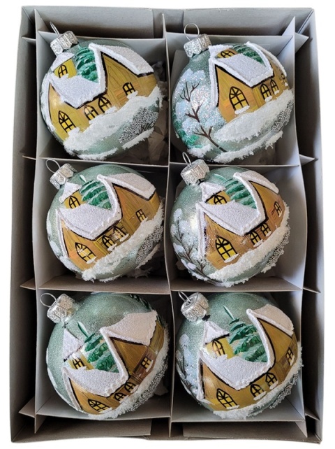 Baubles 80 decorated landscape pack of 6: METALLIC CHURCH mint