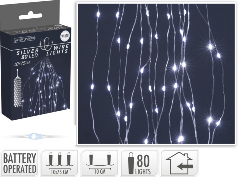 Lampki na druciku 80LED wiązka 10*75cm zimna bat.3xAA (AX9730210)