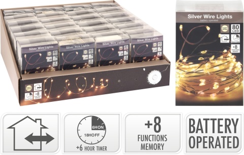Lampki na druciku 80LED zewnętrzne białe ciepłe 8 funkcji timer 395cm na baterie (AX9731720)