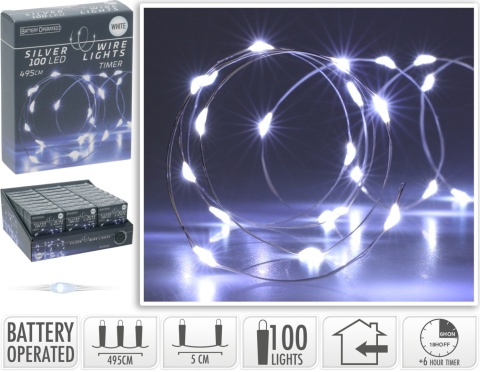 Lampki na druciku 100LED zimne 495cm timer na baterie(AX9730540)