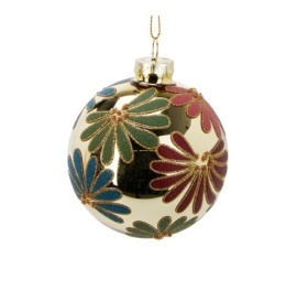 Glass bauble 8cm gold glitter painted flakes (523386)