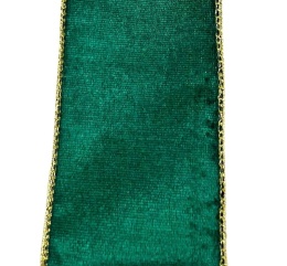 Bottle green velvet ribbon on a spool with a gold edge (RF0538)