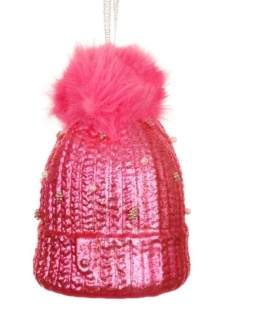 Bombka szklana Czapka zimowa ciemny róż z futerkiem (121822)