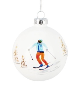 Glass bauble 8cm white opal skiers (518797)