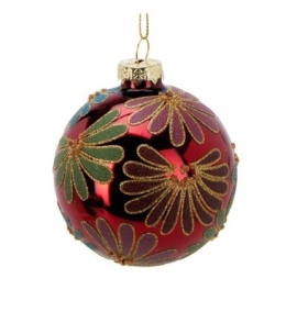 Glass bauble 8cm glossy burgundy painted petals (523386)