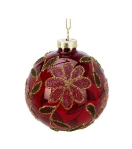Glass bauble 8cm sugar flowers transparent red (523386)