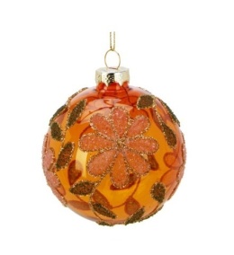 Glass bauble 8cm sugar flowers transparent orange (523386)