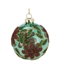 Glass bauble 8cm sugar flowers transparent green (523386)