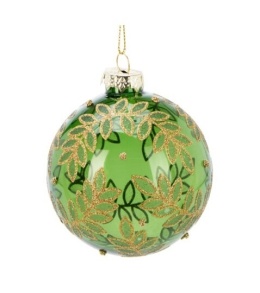 Glass bauble 8cm transparent green gold leaves (513342)