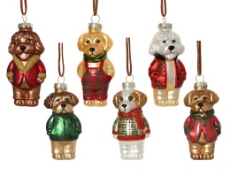 Bombka szklana: Piesek kurtka w paski, zielony kołnierz (125107)