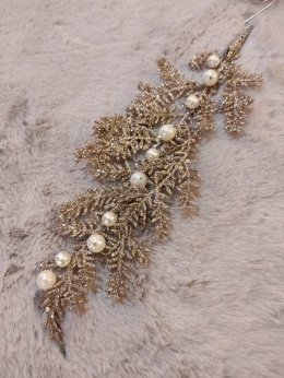Zawieszka liść brokat 30cm z perełkami szampański (BX19184)-20%