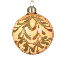 Bombka szklana 8cm trasparentna miodowa, złoty brokat (070650)